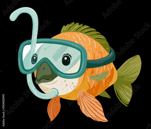 Fish character with green diving goggles and a snorkel swimming against a dark underwater background
