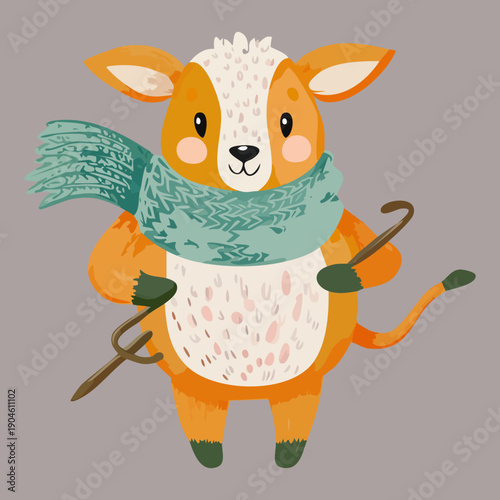 Cute orange creature wearing a blue winter scarf and holding a staff in a soft landscape