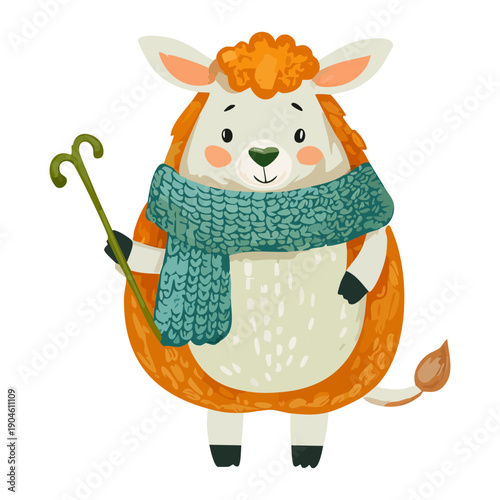 Fluffy sheep character wearing a blue scarf and holding a shepherd staff in a cozy winter style