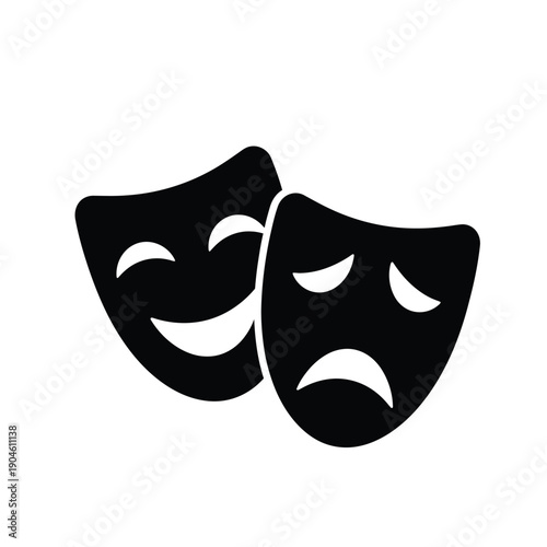 Vector illustration icon two black comedy and tragedy masks on symbolizing theater and performance