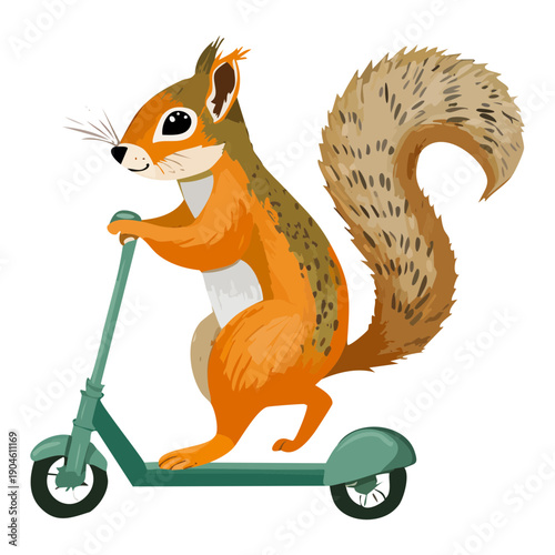 Active squirrel character riding a blue scooter through the park with a long bushy tail behind