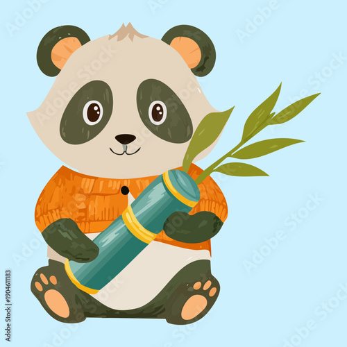 Small panda character sitting down and holding a bamboo stick with soft blue sky in the background
