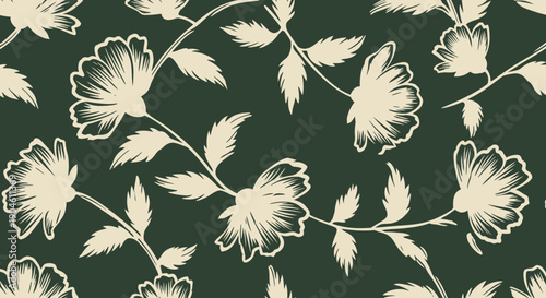 Seamless floral pattern with white flowers on dark green background.