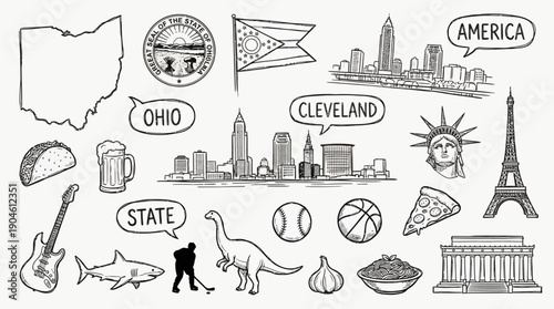 Ohio State Vector Illustration – Cleveland Skyline, Flag, Seal, Landmarks, Food, Sports, and Cultural Symbols in Black and White for Educational and Graphic Design Projects