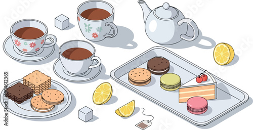 A delightful assortment of tea time treats including a teapot, cups, cookies, cake, macarons, and lemons
