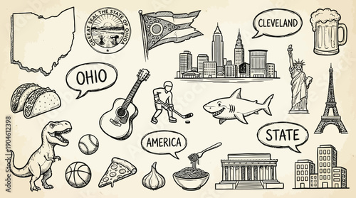 Ohio State Vector Illustration – Cleveland Skyline, Flag, Seal, Landmarks, Food, Sports, and Cultural Symbols in Black and White for Educational and Graphic Design Projects