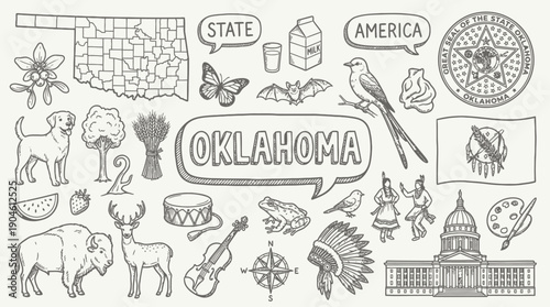 Oklahoma State Vector Illustration – Wildlife, Culture, Landmarks, and Natural Symbols in Black and White for Educational, Decorative, and Graphic Design Projects