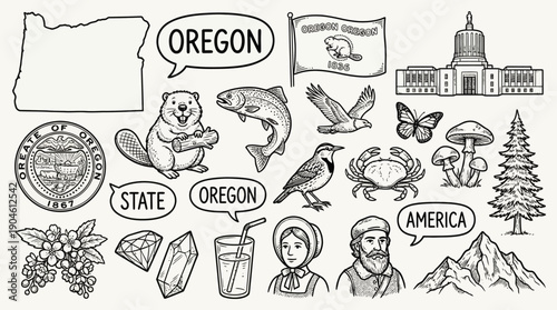 Oregon State Vector Illustration – Wildlife, Landmarks, Culture, and Natural Symbols in Black and White for Educational, Decorative, and Graphic Design Projects