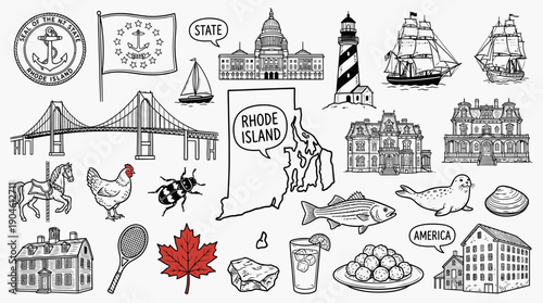 Rhode Island State Vector Illustration – Landmarks, Wildlife, Food, and Cultural Symbols in Black and White for Educational, Decorative, and Graphic Design Projects
