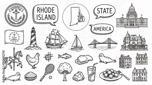 Rhode Island State Vector Illustration – Landmarks, Wildlife, Food, and Cultural Symbols in Black and White for Educational, Decorative, and Graphic Design Projects