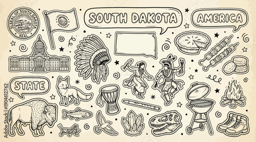 South Dakota State Vector Illustration – Wildlife, Native American Culture, Landmarks, and Food Symbols in Black and White for Educational and Graphic Design Projects