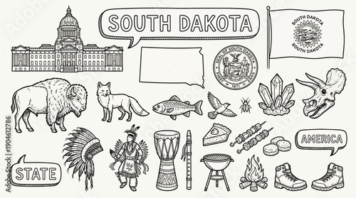 South Dakota State Vector Illustration – Wildlife, Native American Culture, Landmarks, and Food Symbols in Black and White for Educational and Graphic Design Projects