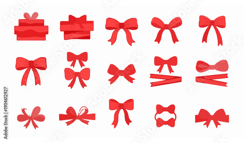 Cute red ribbon bow collection hand drawn flat vector illustration