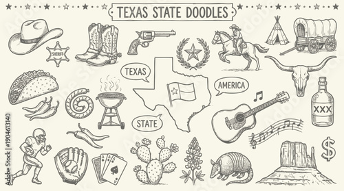 Texas State Doodle Vector Set – Cowboy Culture, Music, BBQ, Sports, and Iconic Symbols in Hand-Drawn Style for Educational, Decorative, and Graphic Design Projects