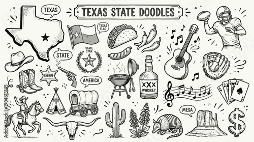 Texas State Doodle Vector Set – Cowboy Culture, Music, BBQ, Sports, and Iconic Symbols in Hand-Drawn Style for Educational, Decorative, and Graphic Design Projects