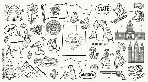 Utah State Vector Illustration – Beehive, Landmarks, Wildlife, Culture, and Natural Symbols in Black and White for Educational, Decorative, and Graphic Design Projects