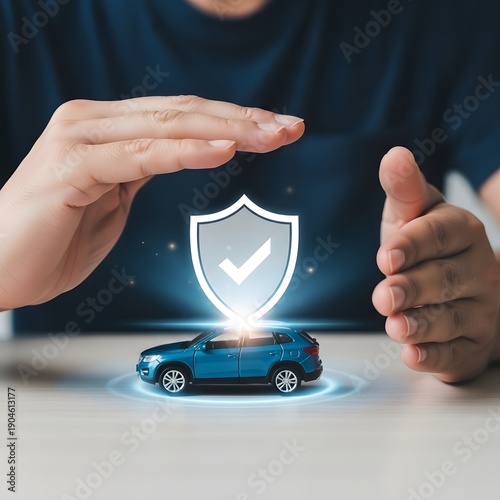 Hands Protecting Blue Car With Shield and Checkmark
