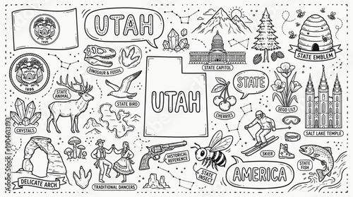 Utah State Vector Illustration – Beehive, Landmarks, Wildlife, Culture, and Natural Symbols in Black and White for Educational, Decorative, and Graphic Design Projects