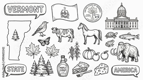 Vermont State Vector Illustration – Wildlife, Agriculture, Food, Landmarks, and Cultural Symbols in Black and White for Educational, Decorative, and Graphic Design Projects