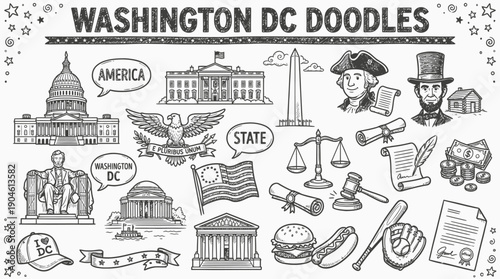Washington D.C. Vector Illustration – Landmarks, Government, History, Food, and Cultural Symbols in Black and White for Educational, Decorative, and Graphic Design Projects