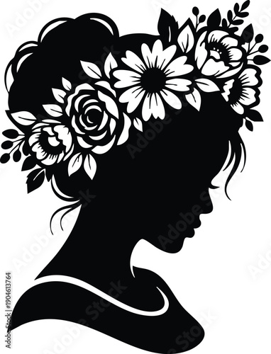 Elegant black silhouette of female profile with detailed floral crown and soft shoulder line in minimalist vector style on white background