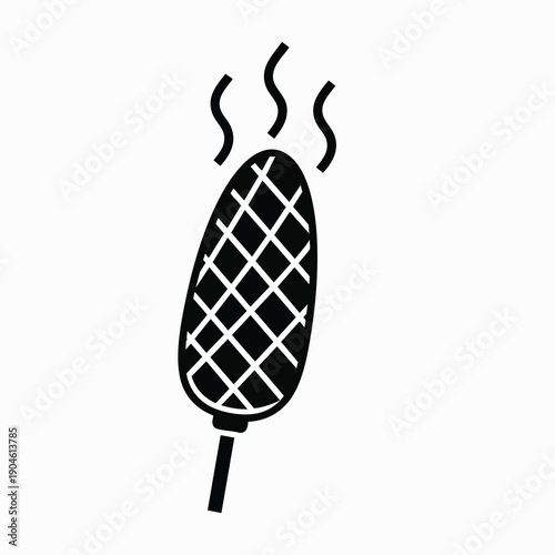 A steaming hot corn dog on a stick, depicted as a simple black and white graphic icon