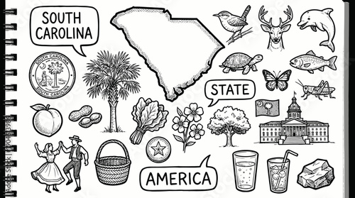 South Carolina State Vector Illustration – Wildlife, Agriculture, Landmarks, Food, and Cultural Symbols in Black and White for Educational, Decorative, and Graphic Design Projects