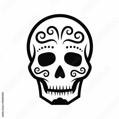 Black and white sugar skull with ornate details, vector illustration
