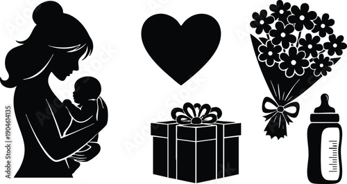 Silhouette of mother holding baby with heart gift box bouquet and baby bottle set of vector icons for celebration and motherhood love concept