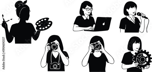 Silhouette vector art of diverse women holding art palette brush laptop microphone camera and gear representing creative work and technology in black and white design