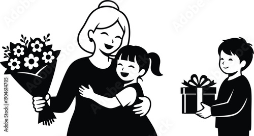 Black and white vector art showing smiling mother holding bouquet of flowers hugging daughter while son offers a gift box with ribbon and bow in celebration mood