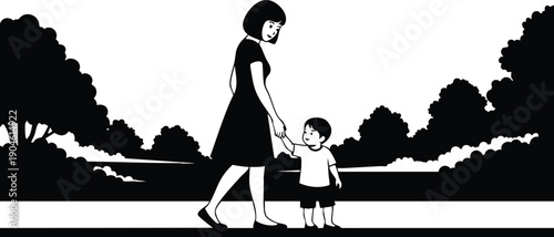 Minimalist vector art of mother holding toddler sons hand walking in park with silhouette trees background flat black and white close side view