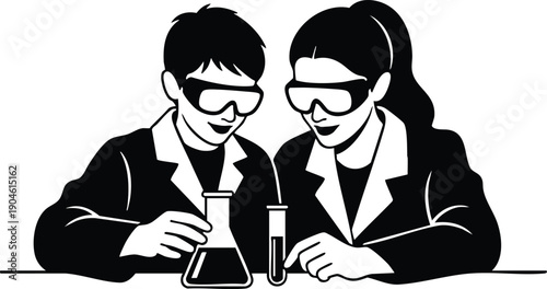 Black and white minimalist vector art showing two young scientists wearing safety goggles and lab coats conducting experiment using beaker and test tube on laboratory table