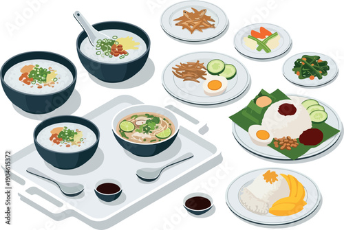 A collection of delicious and diverse Asian breakfast dishes, including congee, rice dishes, and side accompaniments, presented attractively on a white tray and plates