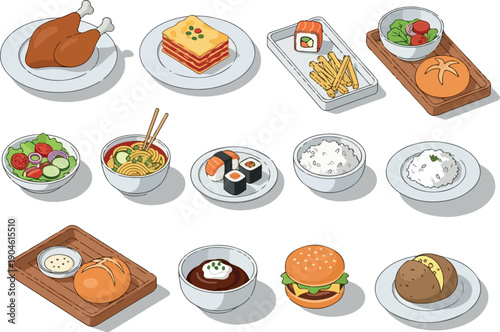 A vibrant collection of diverse dishes and food items, showcasing a variety of culinary styles and ingredients