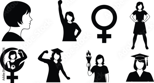 Black silhouette vector set of strong woman raising fist standing proud holding torch female symbol and graduate cap empowering confident female icons collection