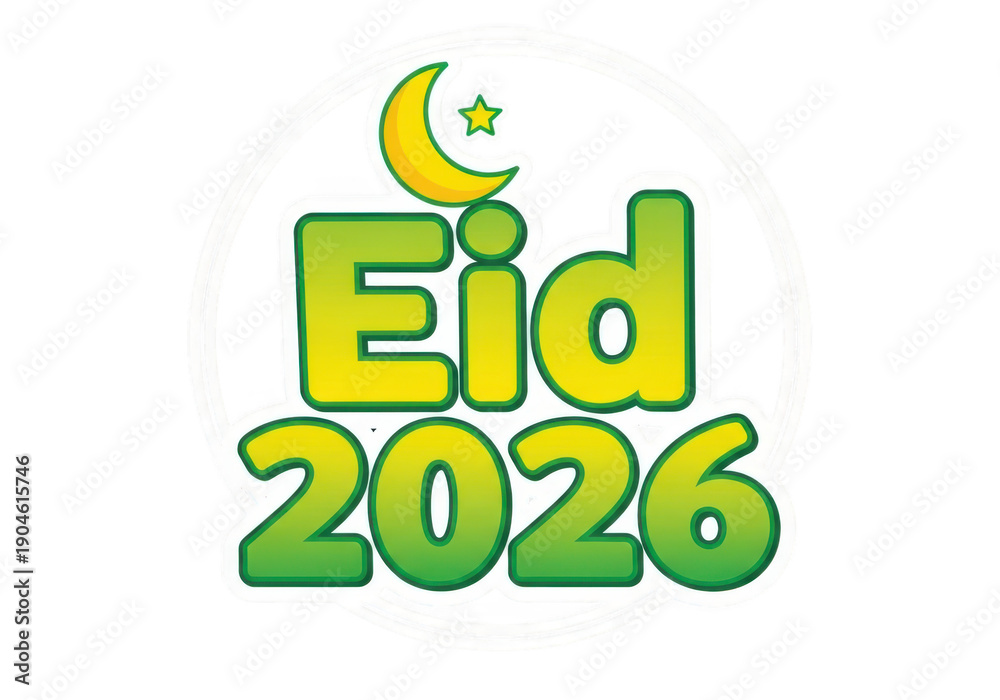 Fototapeta premium Green and yellow Eid 2026 text with moon and star icon