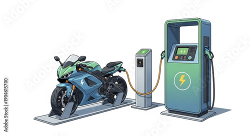 Electric Motorcycle Charging at a Modern Station.