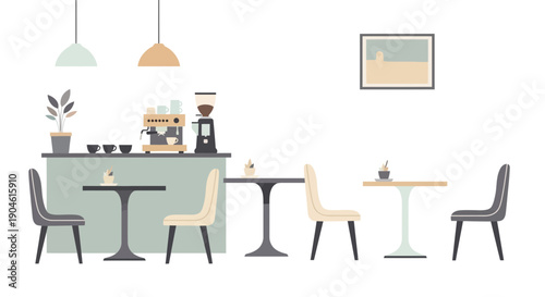 Modern Cafe Interior with Coffee Machine and Seating