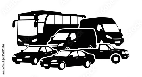 Diverse Collection of Vehicles Including Cars Vans and Bus.