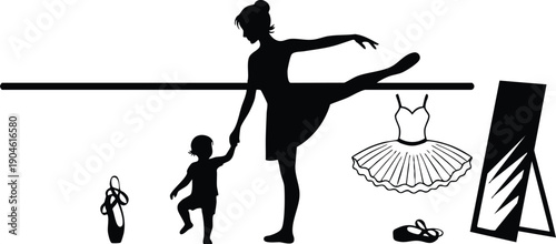 Silhouette of ballet teacher holding toddler hand stretching leg at barre with ballet shoes tutu and mirror in minimalist black and white vector art