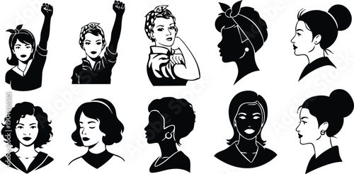 Black and white vector art showing diverse women profiles and iconic feminist power poses with raised fists and classic hairstyles in minimalist silhouette style illustration