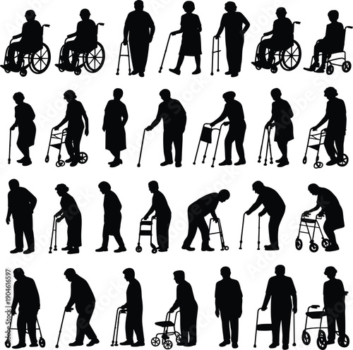 Black silhouettes of elderly people with mobility aids