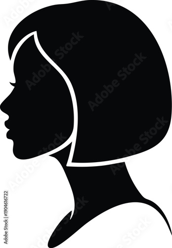 Minimalist vector silhouette side profile of woman with bob haircut looking forward in studio portrait flat design black and white high contrast simple elegance clean lines