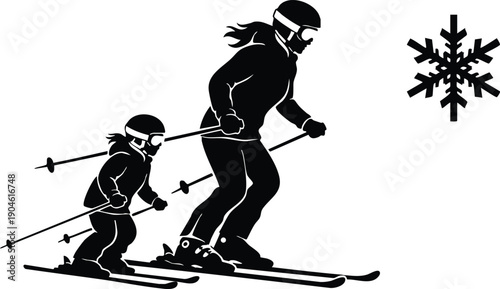 Silhouette vector art side view adult and child skiing together descending slope holding poles wearing helmets goggles winter snowflake accent dynamic motion family lesson gentle downhill