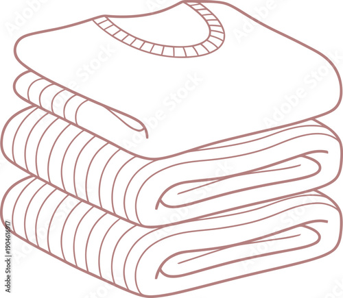 Stack of folded clean laundry, sweater, and blankets. Minimalist outline style. Neatly organized clothing for house, home, wardrobe. Vector illustration