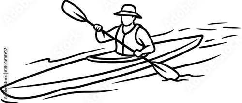 Man kayaking on water with paddle, wearing hat and life vest. Summer activity and water sport concept. Outline style vector icon