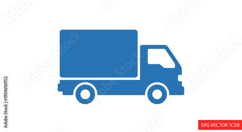 Blue truck icon on white background, delivery vehicle symbol