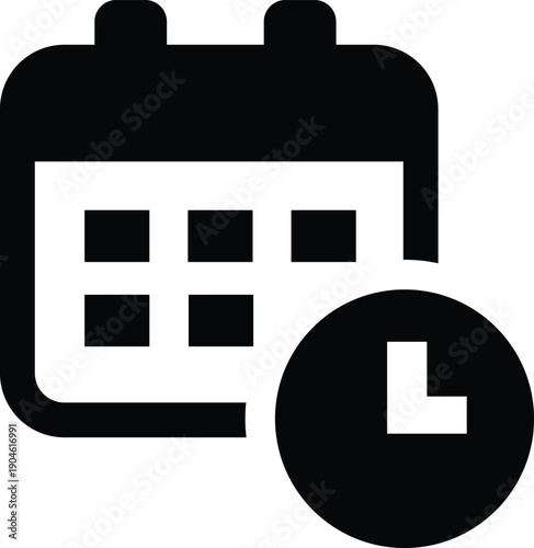 Essential black vector icon illustrating a calendar and a clock face, symbolizing effective time management, business planning, and setting important deadlines for digital interfaces.