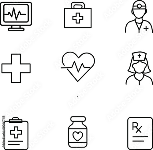 Science and medical research icons set, DNA, test tube, syringe, pill, hospital, stethoscope, brain, report, chart, magnifying glass, atom, icone set